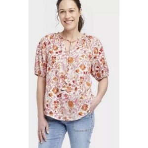 Knox Rose Puff Sleeve Floral top Pink & Orange Size S